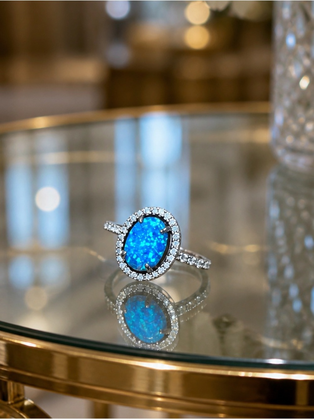 Opal Blue Halo Solitaire Ring